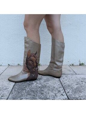 EQUIPE 3 Italian Leather Knee High Boots Horse Design Ivory Beige Size 9.5